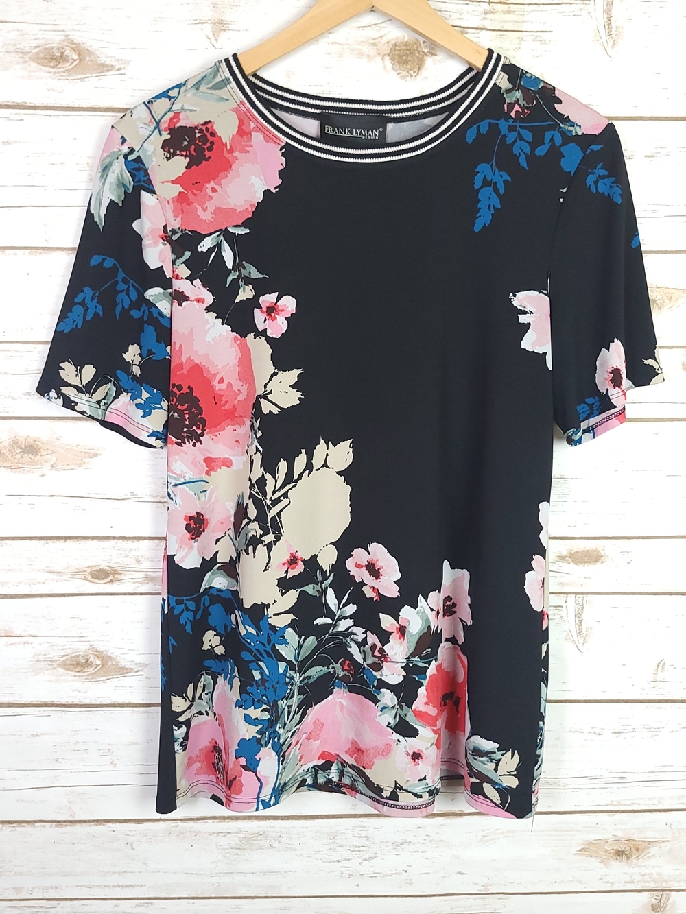 Frank Lyman Design Black Floral Short Sleeve Crewneck Top Size 12